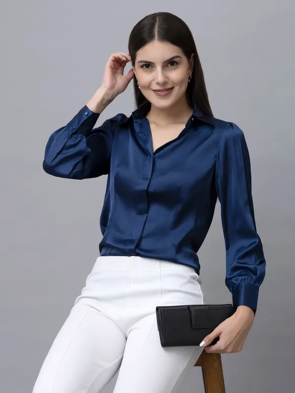 Dark_Blue_Satin_Solid_Full_Sleeve_Hip_Length_Shirt_For_Women