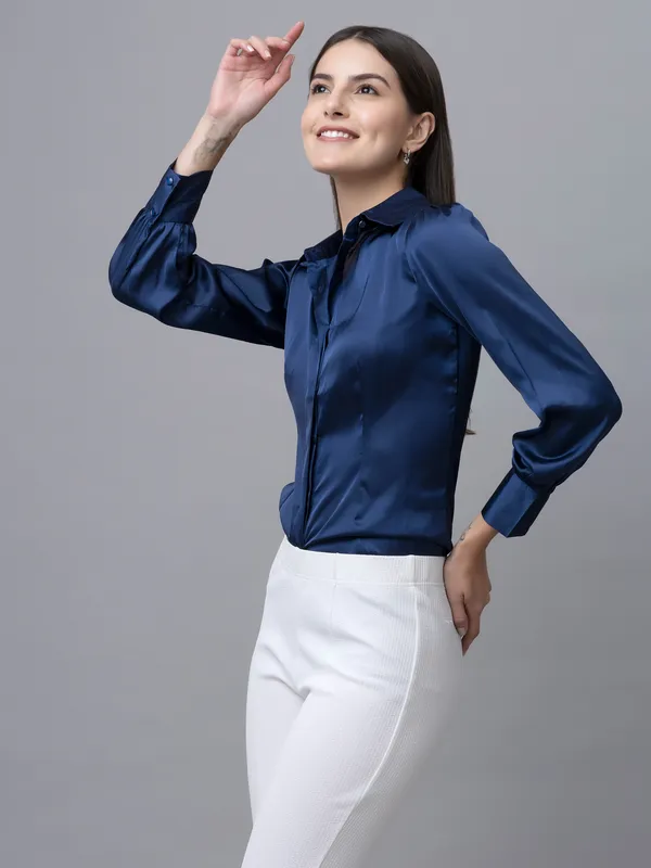Dark_Blue_Satin_Solid_Full_Sleeve_Hip_Length_Shirt_For_Women