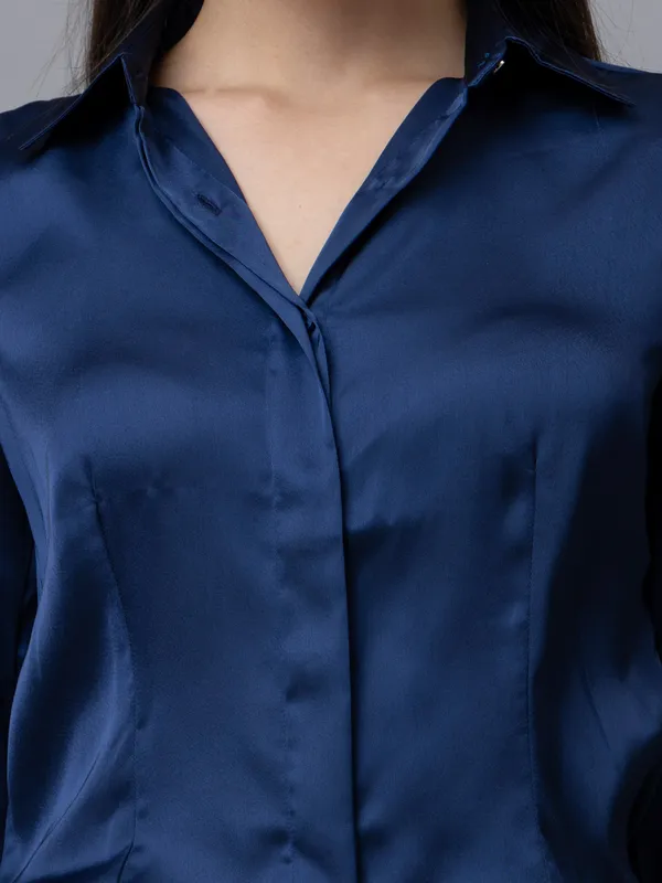 Dark_Blue_Satin_Solid_Full_Sleeve_Hip_Length_Shirt_For_Women