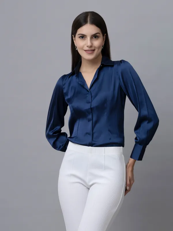 Dark_Blue_Satin_Solid_Full_Sleeve_Hip_Length_Shirt_For_Women