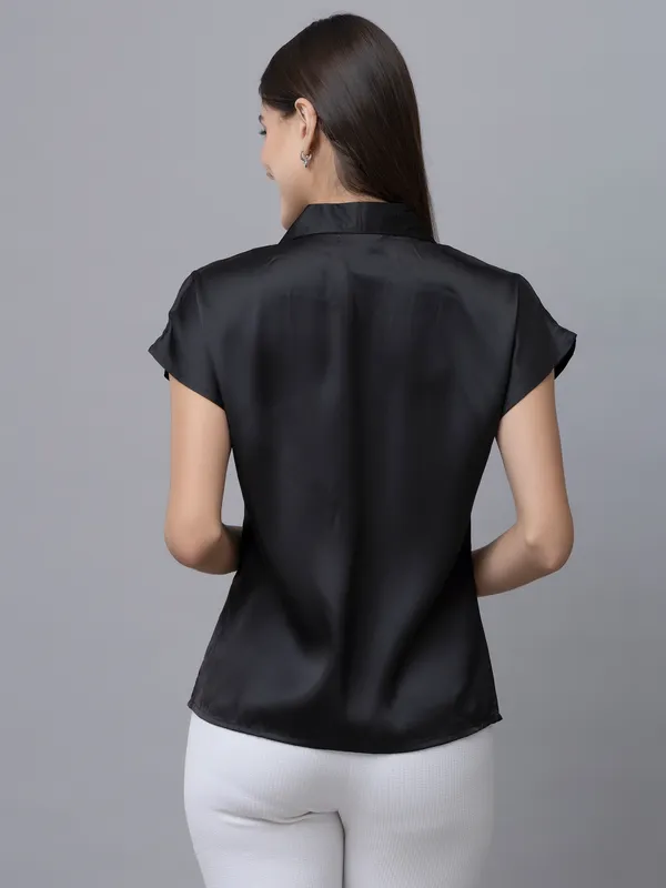 Black_Satin_Solid_Short_Sleeve_Hip_Length_Shirt_For_Women