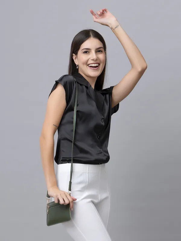 Black_Satin_Solid_Short_Sleeve_Hip_Length_Shirt_For_Women