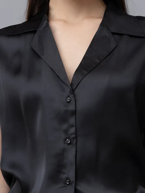 Black_Satin_Solid_Short_Sleeve_Hip_Length_Shirt_For_Women