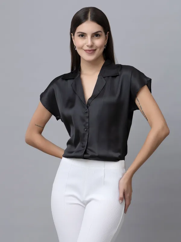 Black_Satin_Solid_Short_Sleeve_Hip_Length_Shirt_For_Women