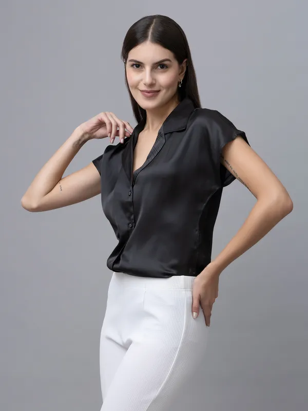 Black_Satin_Solid_Short_Sleeve_Hip_Length_Shirt_For_Women