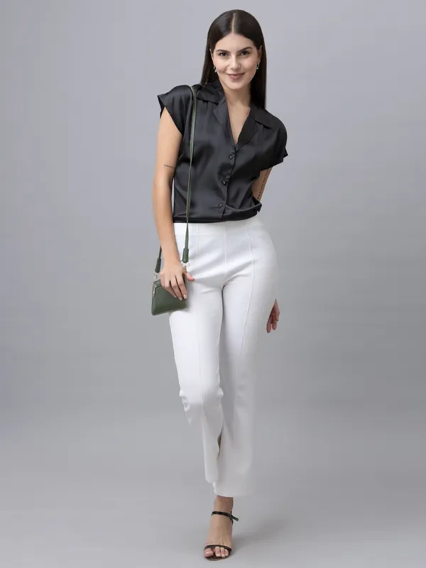 Black_Satin_Solid_Short_Sleeve_Hip_Length_Shirt_For_Women
