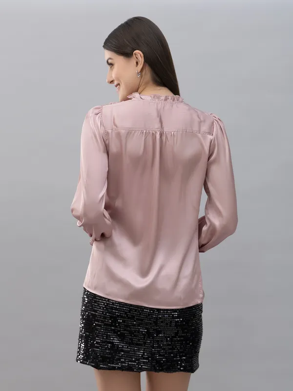 Pink_Satin_Tie-Up_Solid_Bishop_Sleeve_Hip_Length_Blouson_Top_For_Women