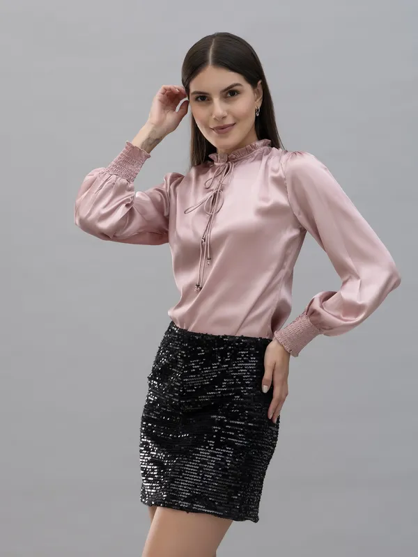Pink_Satin_Tie-Up_Solid_Bishop_Sleeve_Hip_Length_Blouson_Top_For_Women