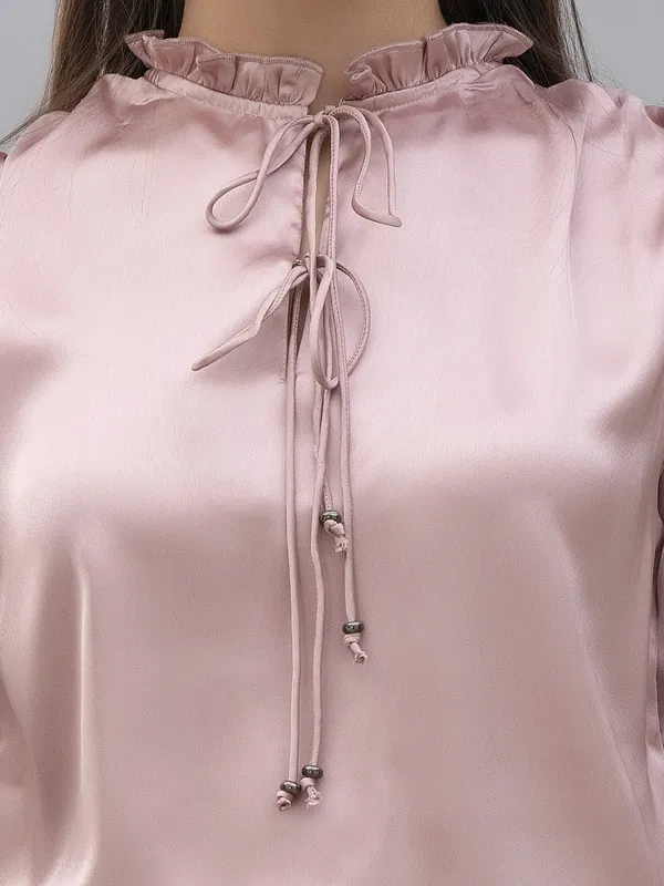 Pink_Satin_Tie-Up_Solid_Bishop_Sleeve_Hip_Length_Blouson_Top_For_Women