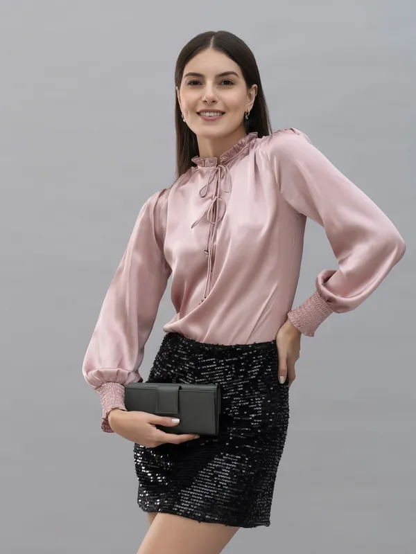 Pink_Satin_Tie-Up_Solid_Bishop_Sleeve_Hip_Length_Blouson_Top_For_Women
