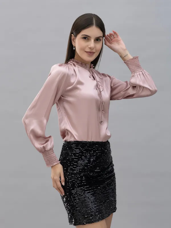 Pink_Satin_Tie-Up_Solid_Bishop_Sleeve_Hip_Length_Blouson_Top_For_Women