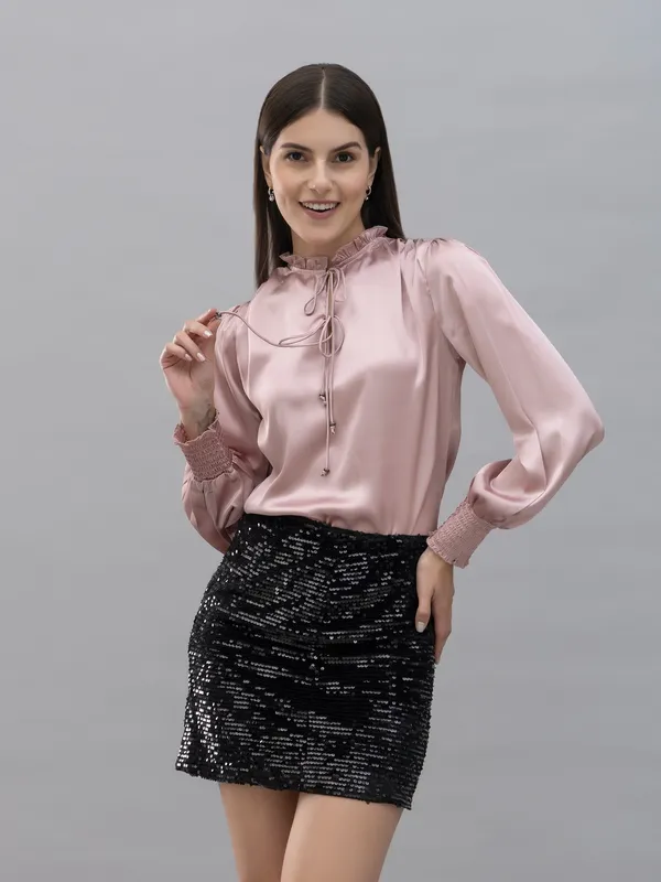 Pink_Satin_Tie-Up_Solid_Bishop_Sleeve_Hip_Length_Blouson_Top_For_Women