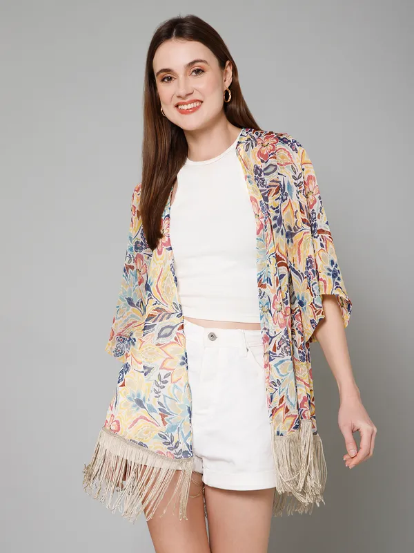 Beige_Georgette_Floral_Print_3/4Th_Sleeve_Thigh_Length_Kimono_Style_Shrug_For_Women_&_Girls