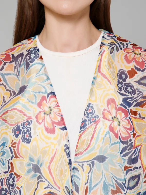 Beige_Georgette_Floral_Print_3/4Th_Sleeve_Thigh_Length_Kimono_Style_Shrug_For_Women_&_Girls