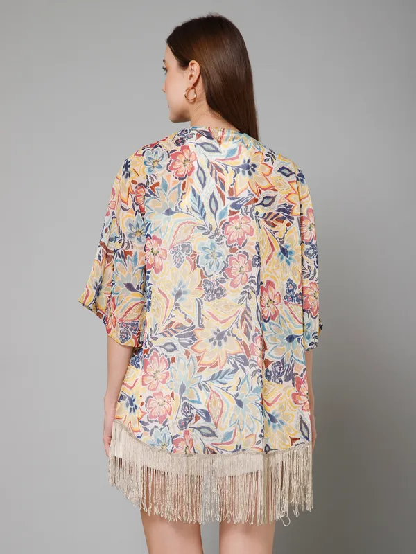 Beige_Georgette_Floral_Print_3/4Th_Sleeve_Thigh_Length_Kimono_Style_Shrug_For_Women_&_Girls