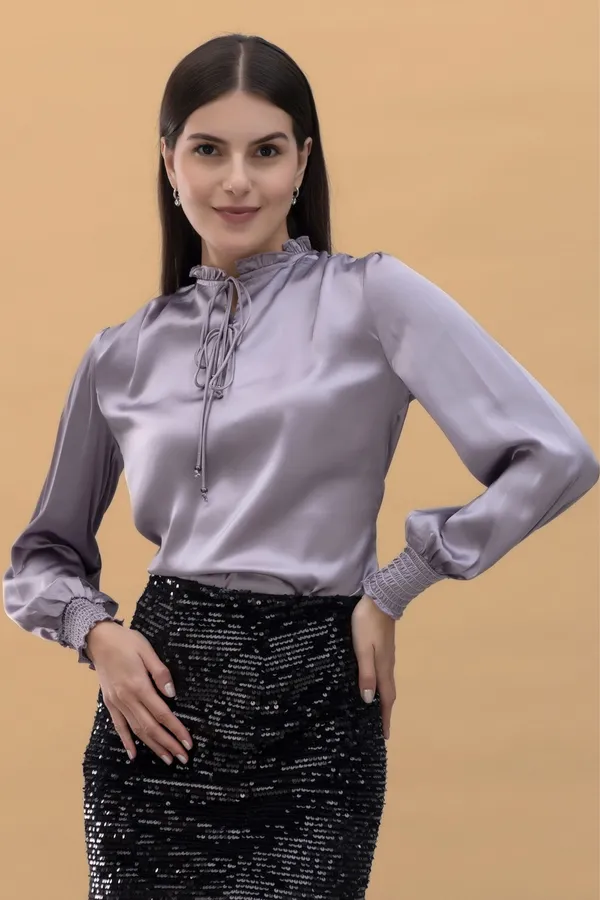 Tie-Up_Neck_Smocked_Sleeves_Satin_Top
