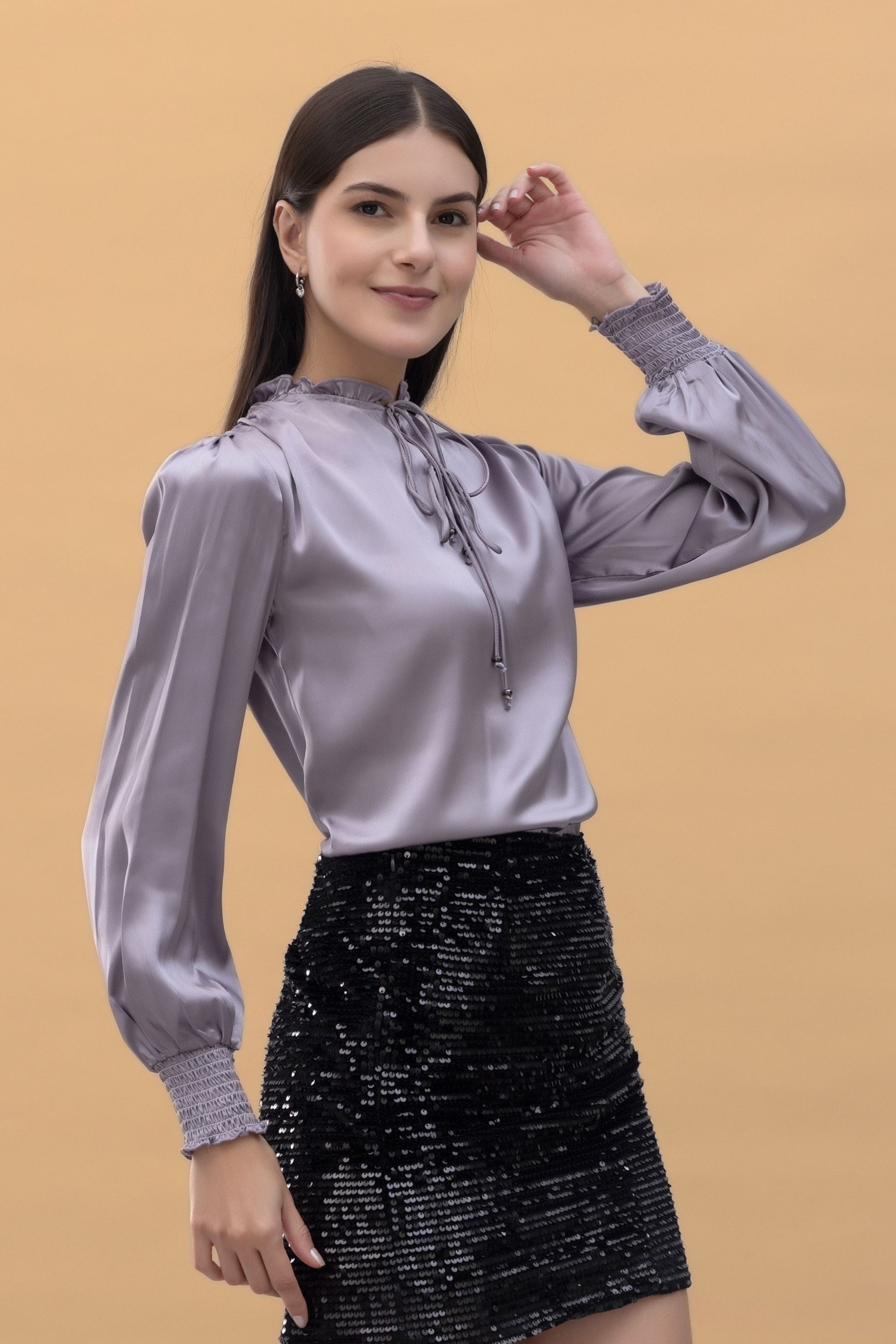 Tie-Up_Neck_Smocked_Sleeves_Satin_Top