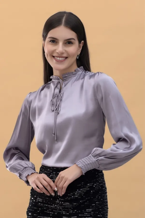 Tie-Up_Neck_Smocked_Sleeves_Satin_Top