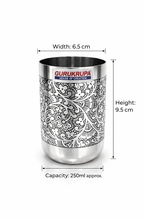 GURUKRUPA_Stainless_Steel_Royal_Etched_Glass_250ml_|_Designer_Etching_Tumbler_|_Premium_Drinking_Glass_|_Rust-Proof_&_Food_Grade_Steel_|_Stylish_Kitchen_&_Dining_Glass