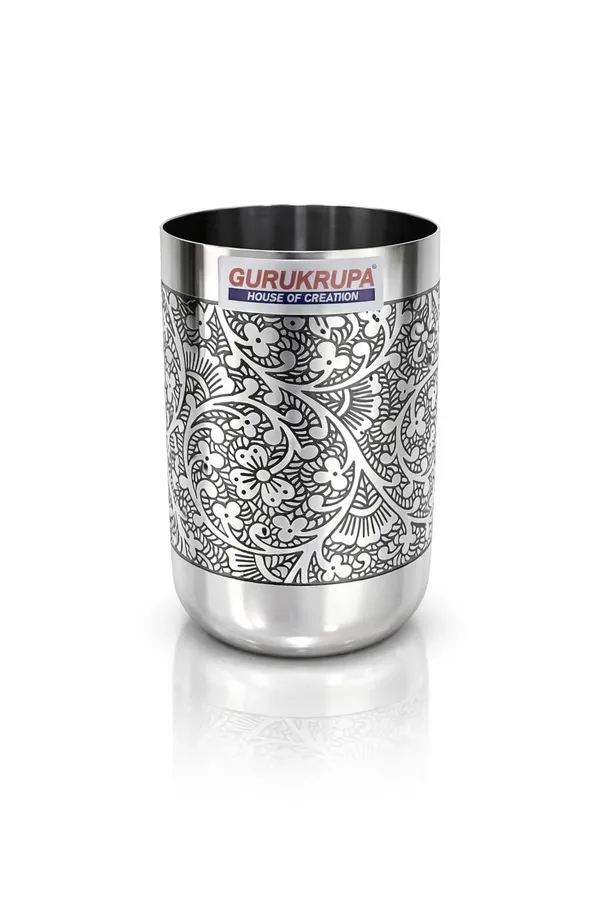 GURUKRUPA_Stainless_Steel_Royal_Etched_Glass_250ml_|_Designer_Etching_Tumbler_|_Premium_Drinking_Glass_|_Rust-Proof_&_Food_Grade_Steel_|_Stylish_Kitchen_&_Dining_Glass