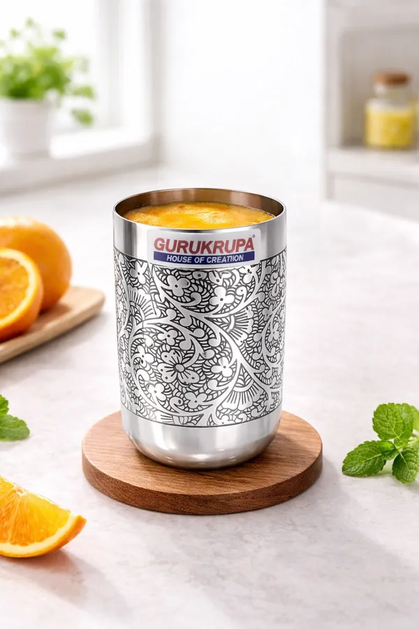 GURUKRUPA_Stainless_Steel_Royal_Etched_Glass_250ml_|_Designer_Etching_Tumbler_|_Premium_Drinking_Glass_|_Rust-Proof_&_Food_Grade_Steel_|_Stylish_Kitchen_&_Dining_Glass