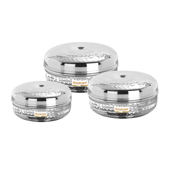 Pack_Of_3_Silver_Stainless_Steel_Storage_Container_For-Chapati,Dry_Fruits,Papad,_Handcrafted_Hammered_Puri_Dabba/Container-MATHAR_APPLE_PURI_DABBA_7X9