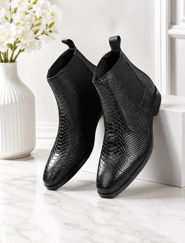 Black_Leather_Crocodile_Chealsea_Boot_Stretchable_For_Men