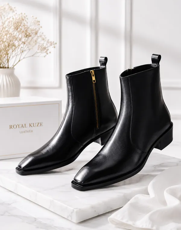 Black_Leather_Cuban_Heel_Boots_Flat_Toe_For_Men_Premium_&_Luxury