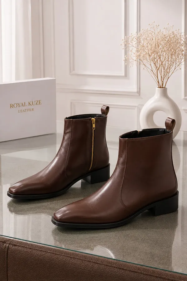 Brown_Leather_Cuban_Heel_Boots_Flat_Toe_For_Men_Premium_&_Luxury