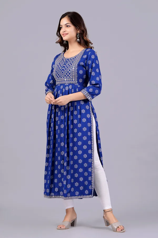 Blue_Floral_Printed_Round_Neck_Sequinned_Aliya_Cut_Kurta_For_Women