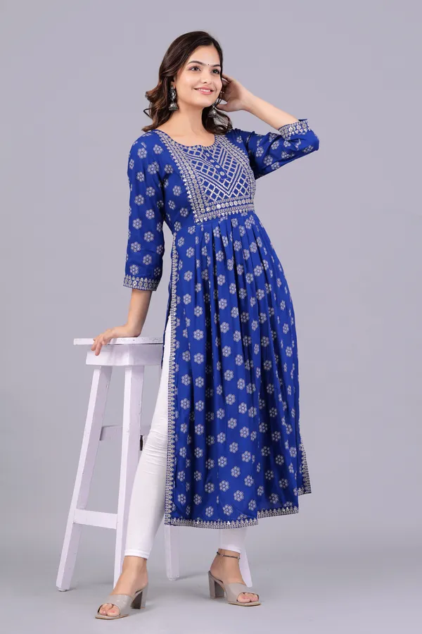 Blue_Floral_Printed_Round_Neck_Sequinned_Aliya_Cut_Kurta_For_Women