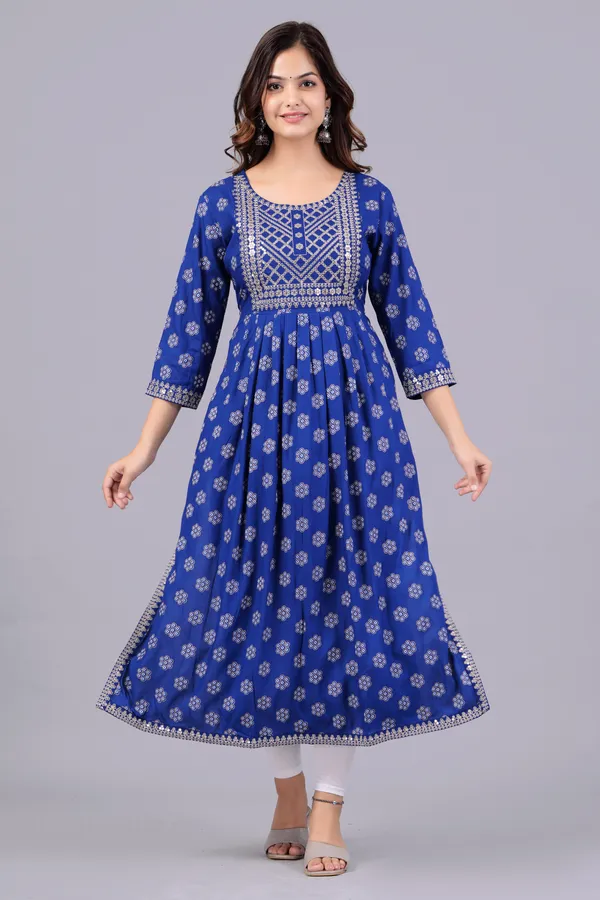 Blue_Floral_Printed_Round_Neck_Sequinned_Aliya_Cut_Kurta_For_Women