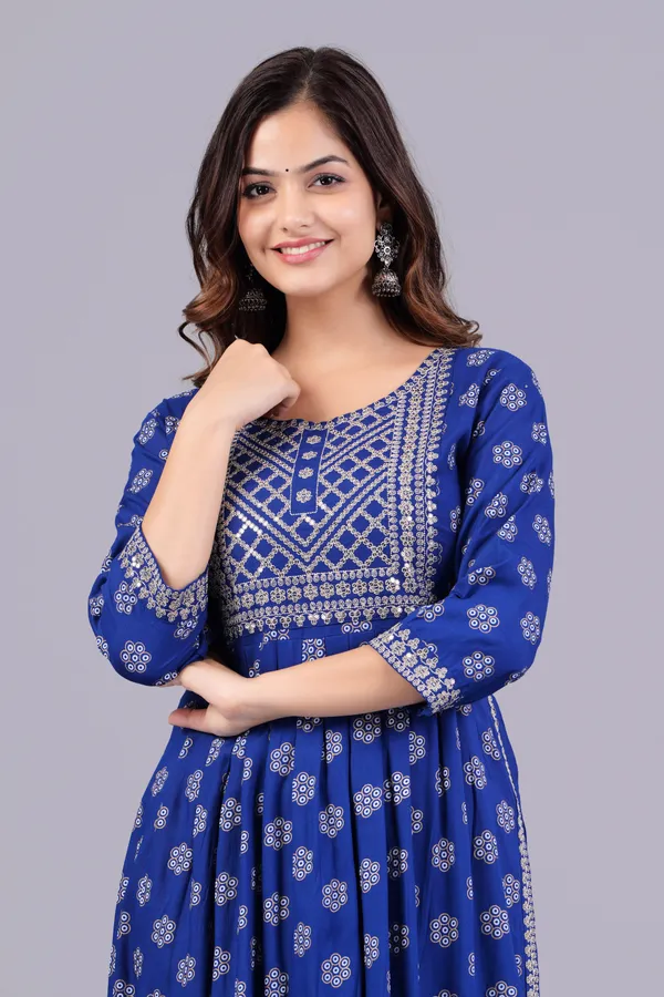 Blue_Floral_Printed_Round_Neck_Sequinned_Aliya_Cut_Kurta_For_Women