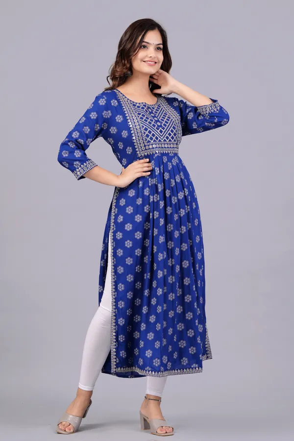 Blue_Floral_Printed_Round_Neck_Sequinned_Aliya_Cut_Kurta_For_Women