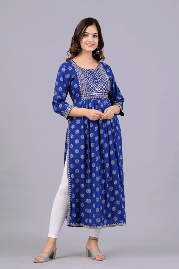 Blue_Floral_Printed_Round_Neck_Sequinned_Aliya_Cut_Kurta_For_Women