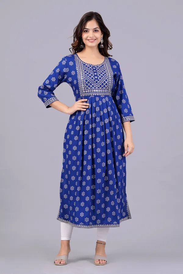 Blue_Floral_Printed_Round_Neck_Sequinned_Aliya_Cut_Kurta_For_Women