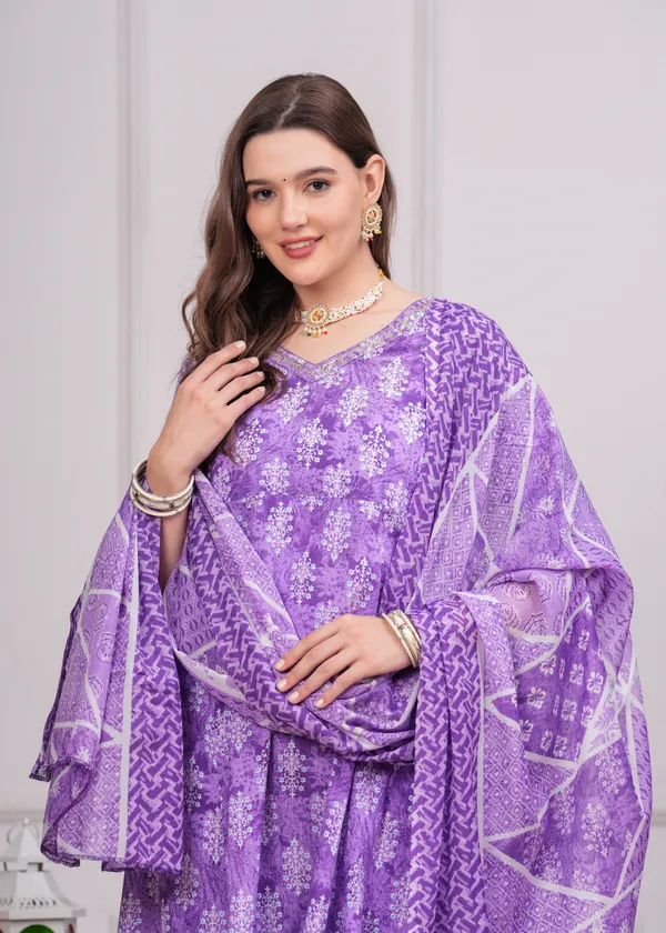 Purple_V-Neck_Floral_Printed_Sequinned_Pure_Cotton_Kurta_With_Trouser_&_Dupatta_For_Women