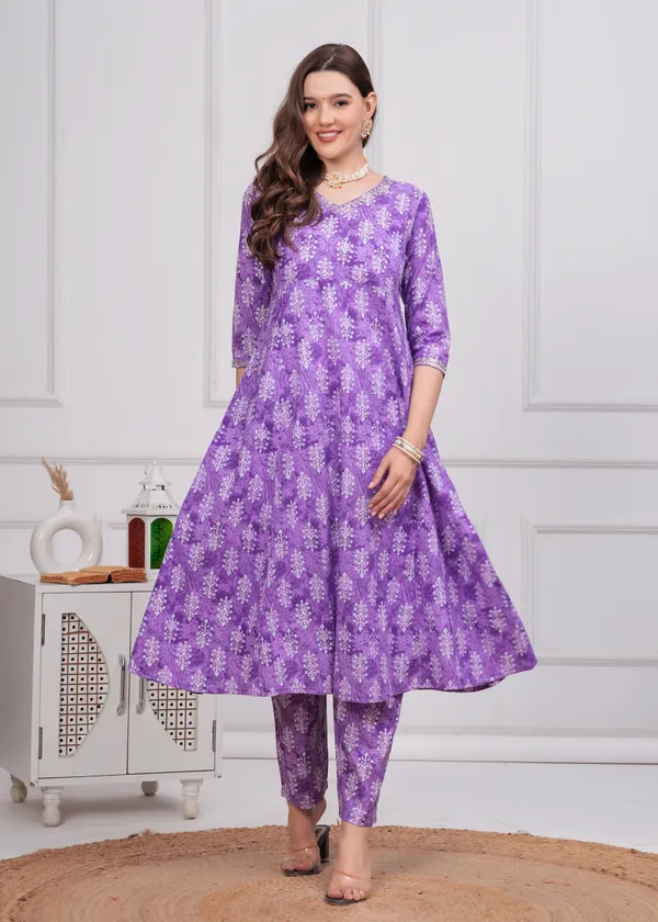 Purple_V-Neck_Floral_Printed_Sequinned_Pure_Cotton_Kurta_With_Trouser_&_Dupatta_For_Women