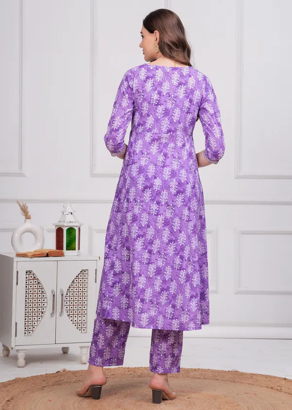 Purple_V-Neck_Floral_Printed_Sequinned_Pure_Cotton_Kurta_With_Trouser_&_Dupatta_For_Women