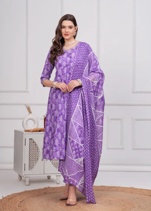 Purple_V-Neck_Floral_Printed_Sequinned_Pure_Cotton_Kurta_With_Trouser_&_Dupatta_For_Women