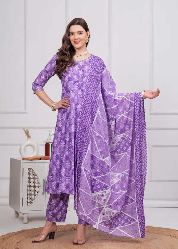 Purple_V-Neck_Floral_Printed_Sequinned_Pure_Cotton_Kurta_With_Trouser_&_Dupatta_For_Women