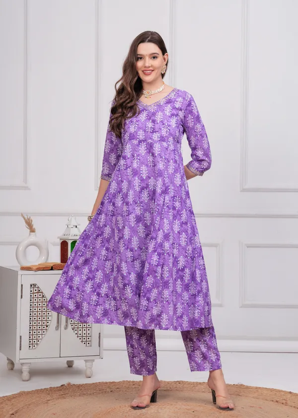 Purple_V-Neck_Floral_Printed_Sequinned_Pure_Cotton_Kurta_With_Trouser_&_Dupatta_For_Women