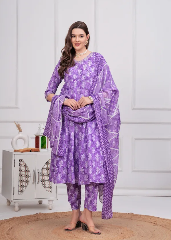Purple_V-Neck_Floral_Printed_Sequinned_Pure_Cotton_Kurta_With_Trouser_&_Dupatta_For_Women
