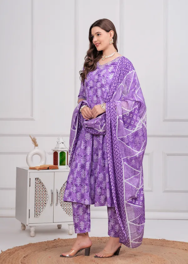 Purple_V-Neck_Floral_Printed_Sequinned_Pure_Cotton_Kurta_With_Trouser_&_Dupatta_For_Women