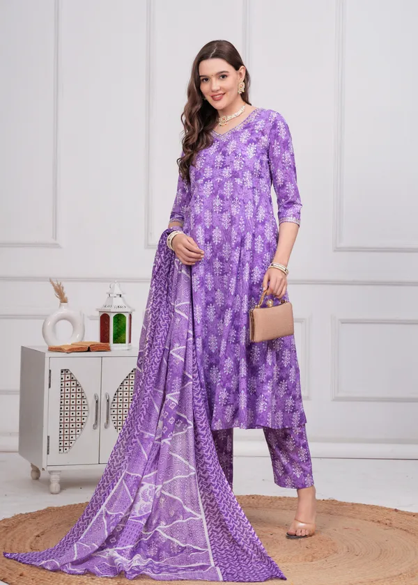 Purple_V-Neck_Floral_Printed_Sequinned_Pure_Cotton_Kurta_With_Trouser_&_Dupatta_For_Women