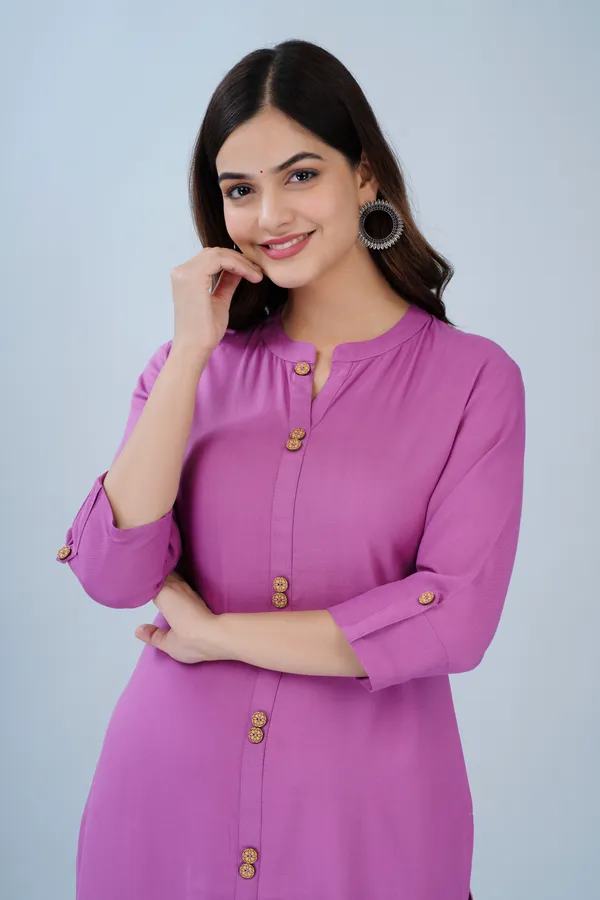 Light_Purple_Mandarin_Collar_Roll-Up_Sleeves_Straight_Kurta_For_Women