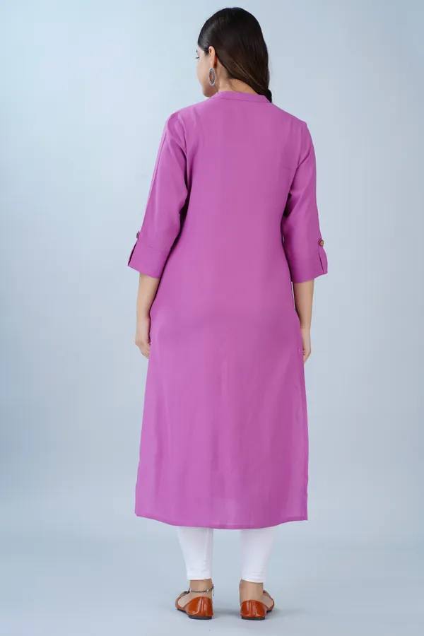 Light_Purple_Mandarin_Collar_Roll-Up_Sleeves_Straight_Kurta_For_Women