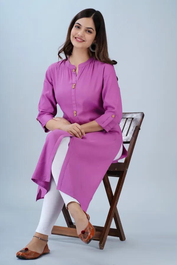 Light_Purple_Mandarin_Collar_Roll-Up_Sleeves_Straight_Kurta_For_Women