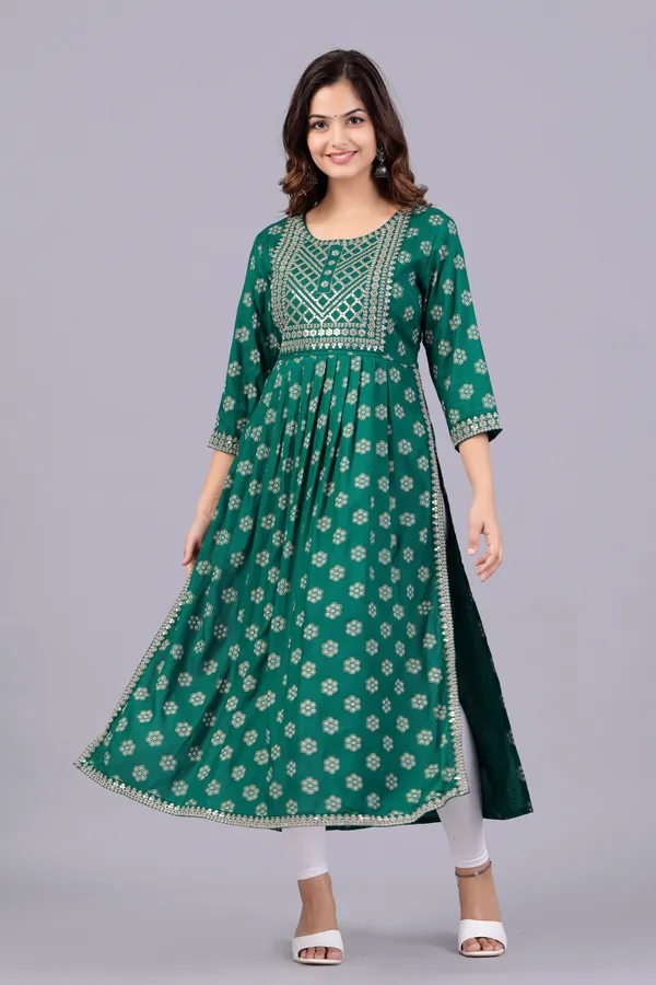 Green_Floral_Printed_Round_Neck_Sequinned_Aliya_Cut_Kurta_For_Women