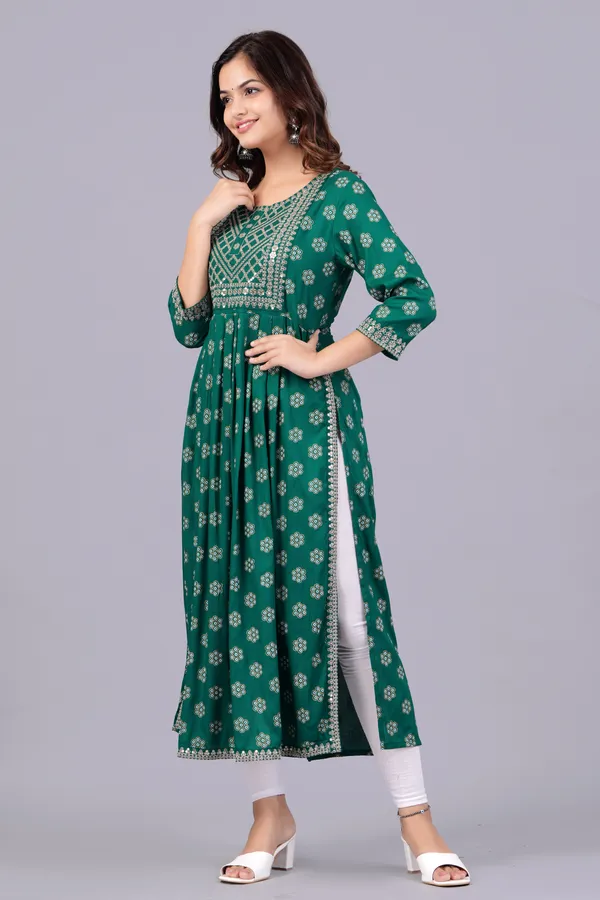 Green_Floral_Printed_Round_Neck_Sequinned_Aliya_Cut_Kurta_For_Women